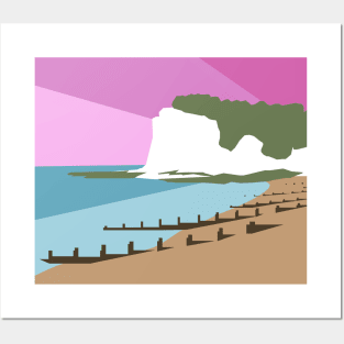 St Margaret’s Bay Beach and White Cliffs, Dover, Kent, Pink Sunset Posters and Art